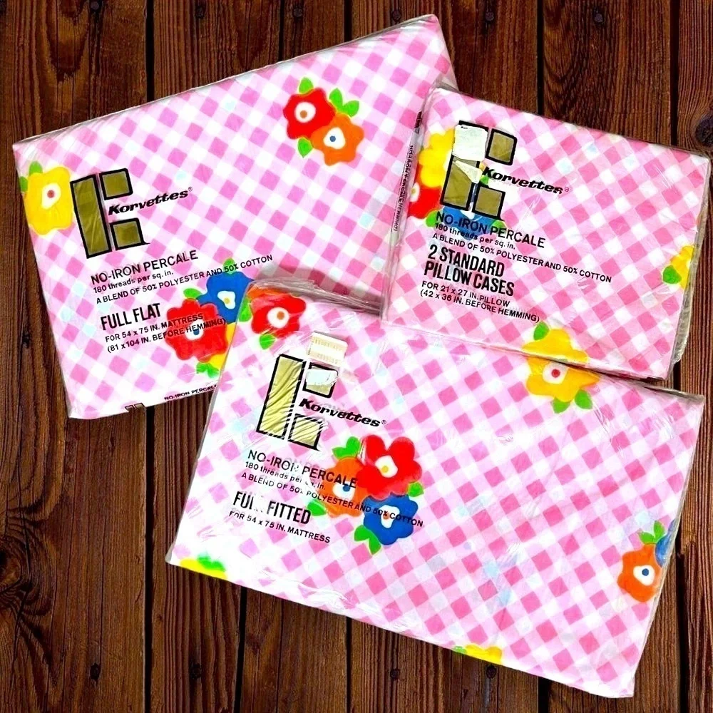 New KORVETTES Vintage Pink Gingham Floral Twin Fitted Flat Pillowcases Sheet Set